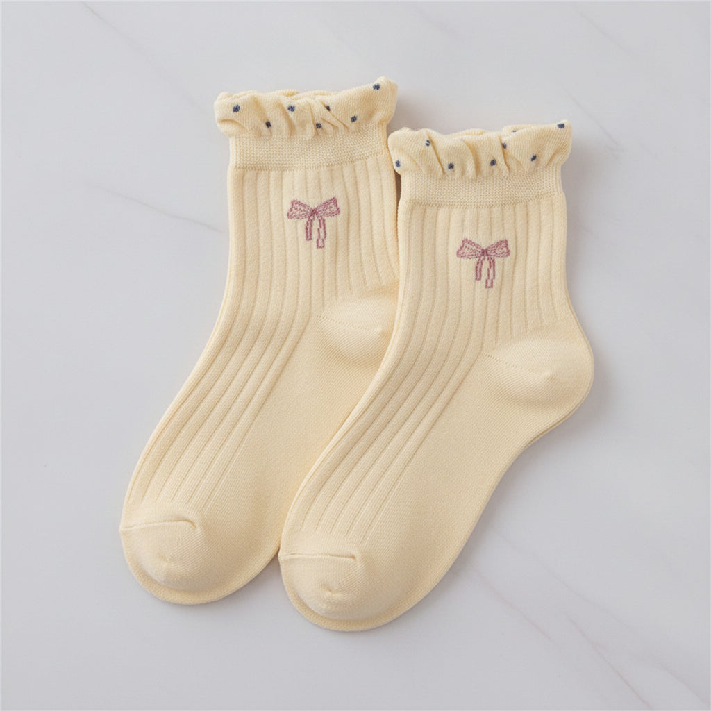 Ribbed Ruffle Bow Ankle Socks - Yellow Jacquard