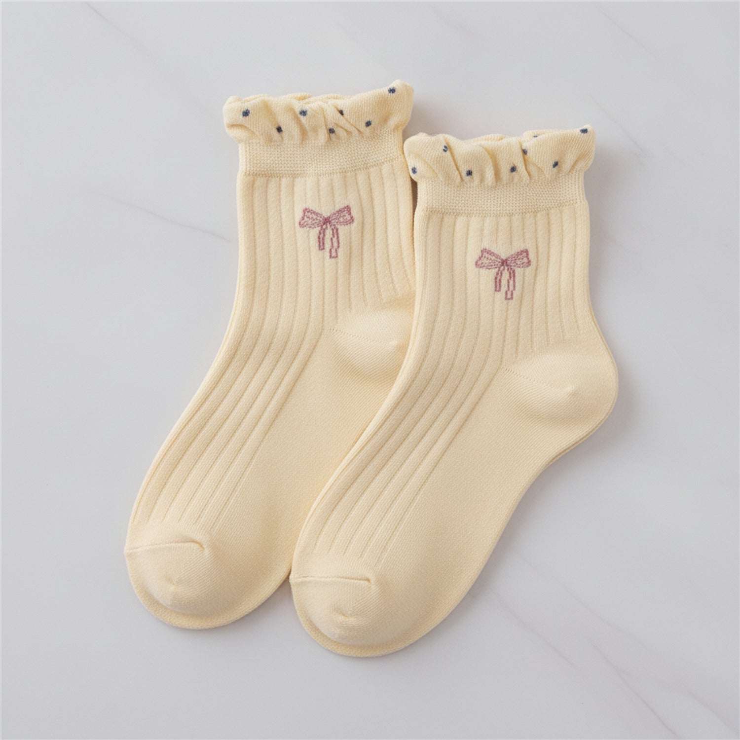 Ribbed Ruffle Bow Ankle Socks - Yellow Jacquard