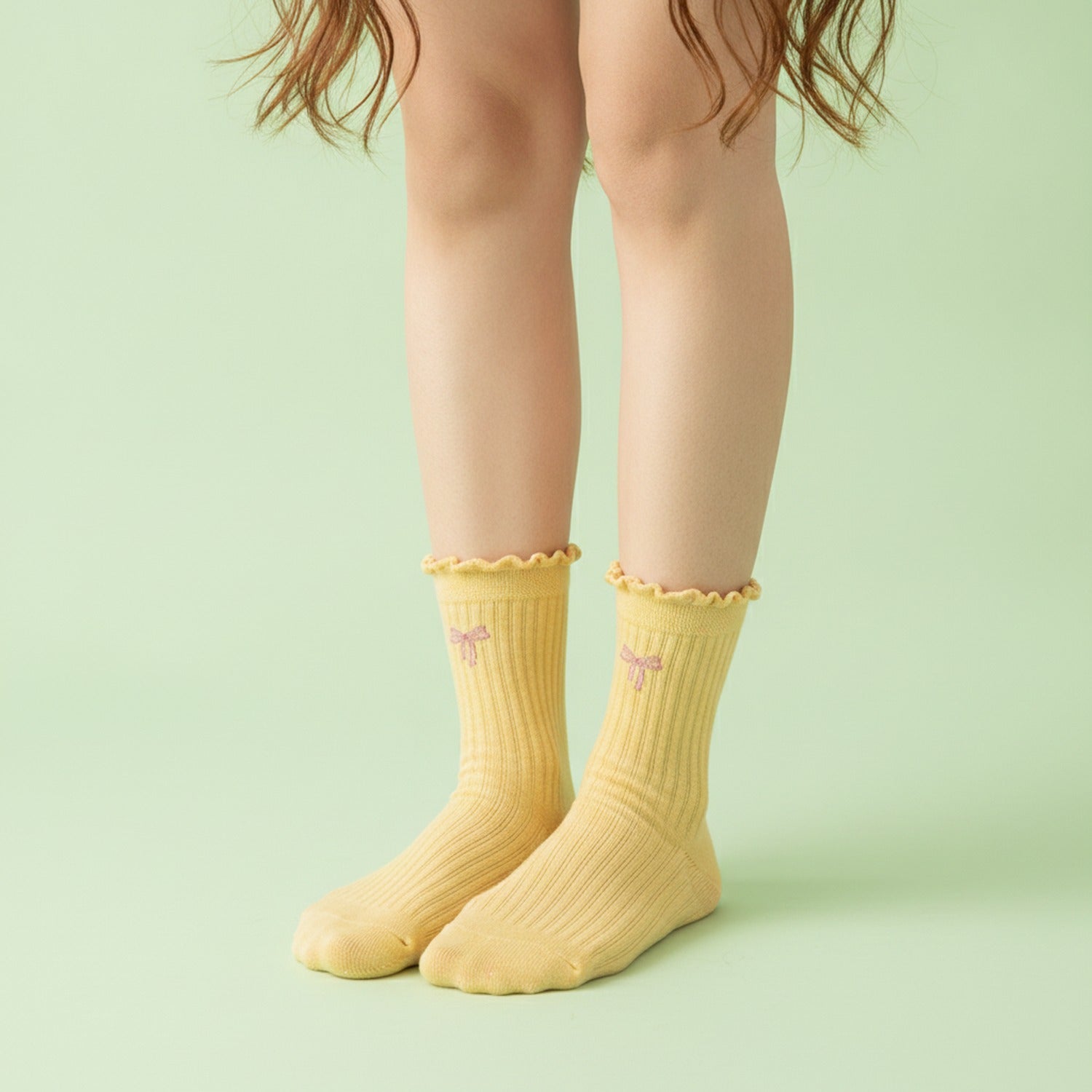 Ribbed Ruffle Bow Ankle Socks - Yellow Jacquard
