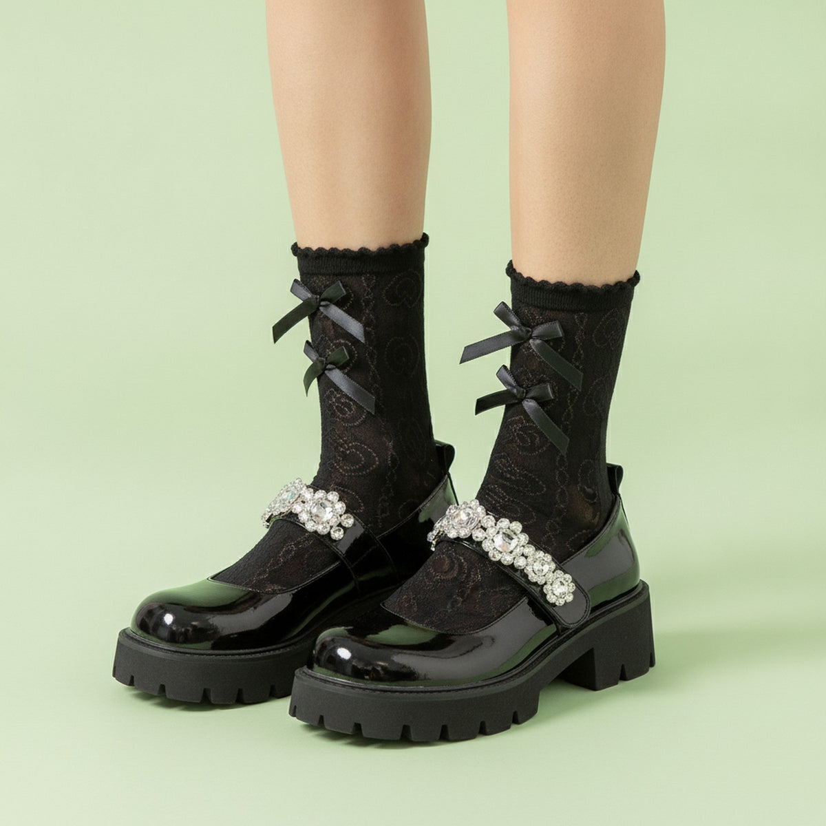 Black Lace Bow Heart Crew Socks – apparel accessories (view 3)