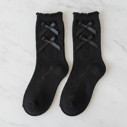 Black Lace Bow Heart Crew Socks