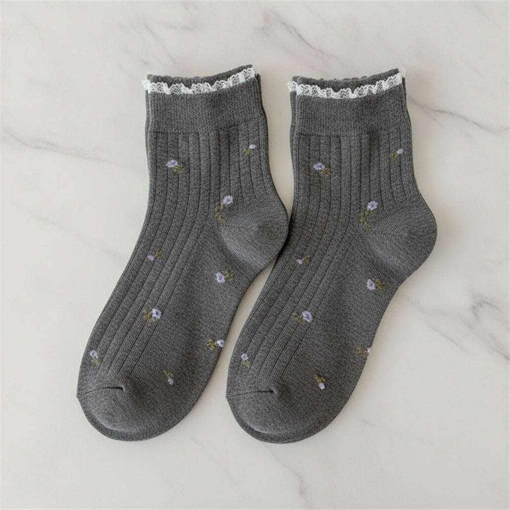 Floral Embroidered Frill Ankle Socks - Dark Gray