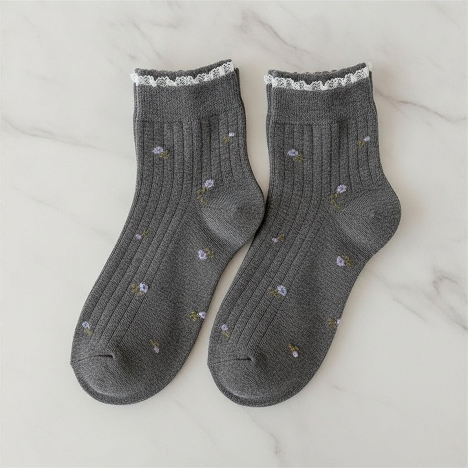 Floral Embroidered Frill Ankle Socks - Dark Gray