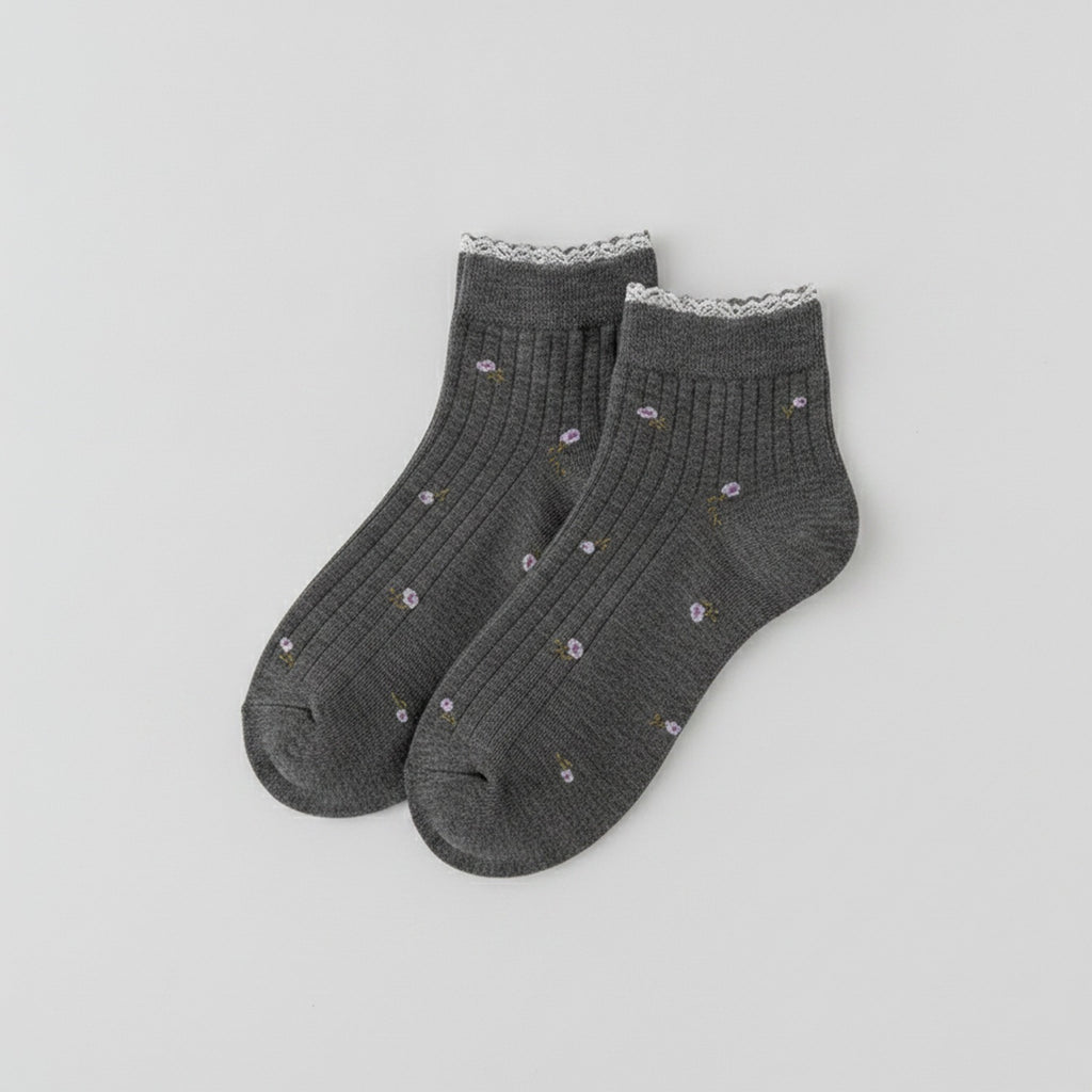 Floral Embroidered Frill Ankle Socks - Dark Gray