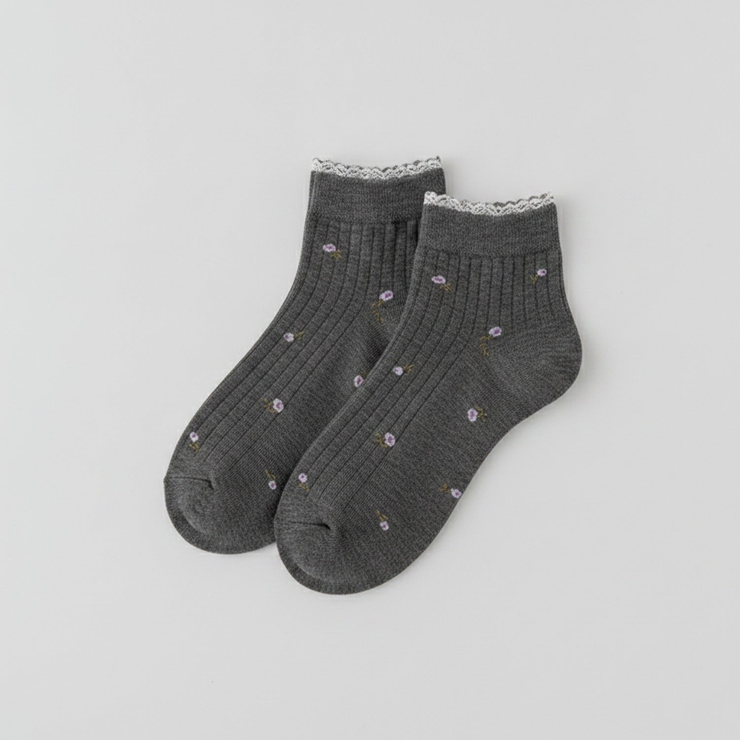 Floral Embroidered Frill Ankle Socks - Dark Gray