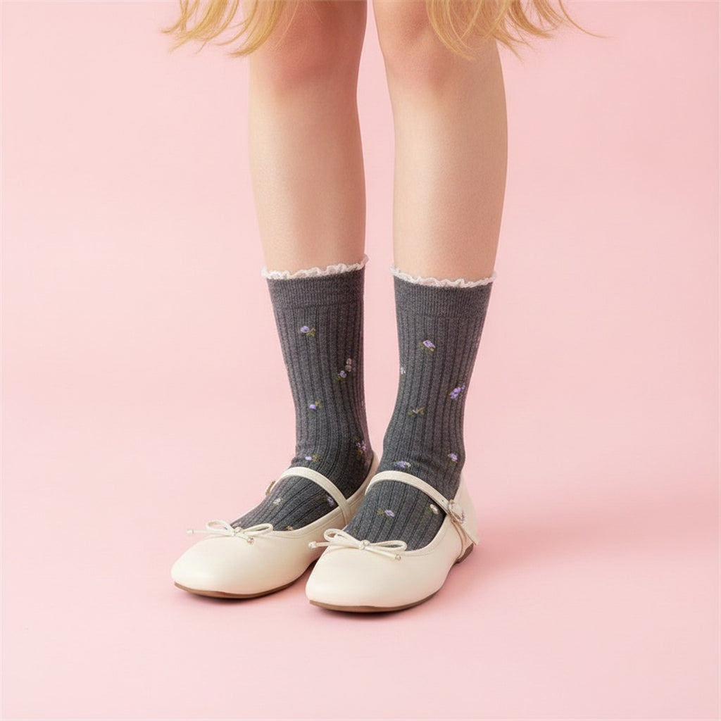 Floral Embroidered Frill Ankle Socks - Dark Gray