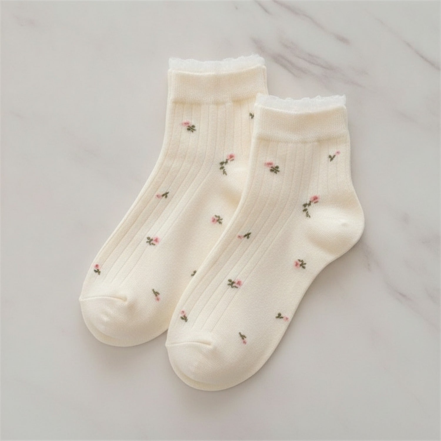 Milky White Ribbed Lace Crew Socks