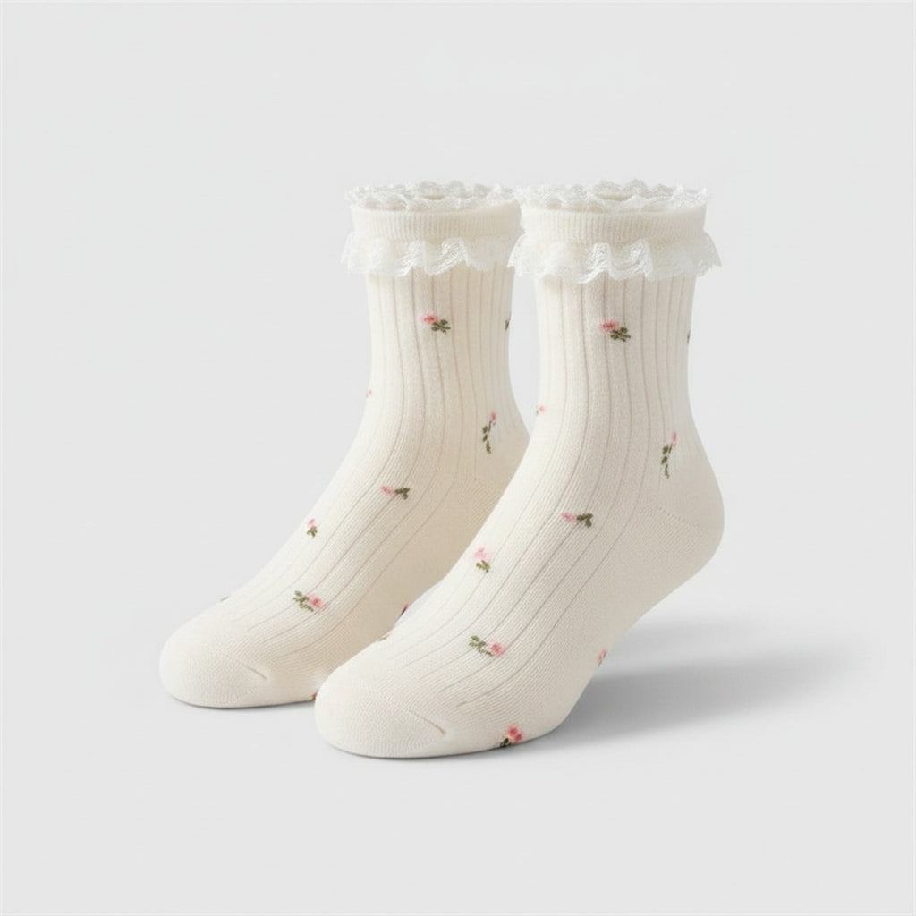 Milky White Ribbed Lace Crew Socks