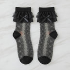 Lace Ruffle Crew Socks With Bow - Black
