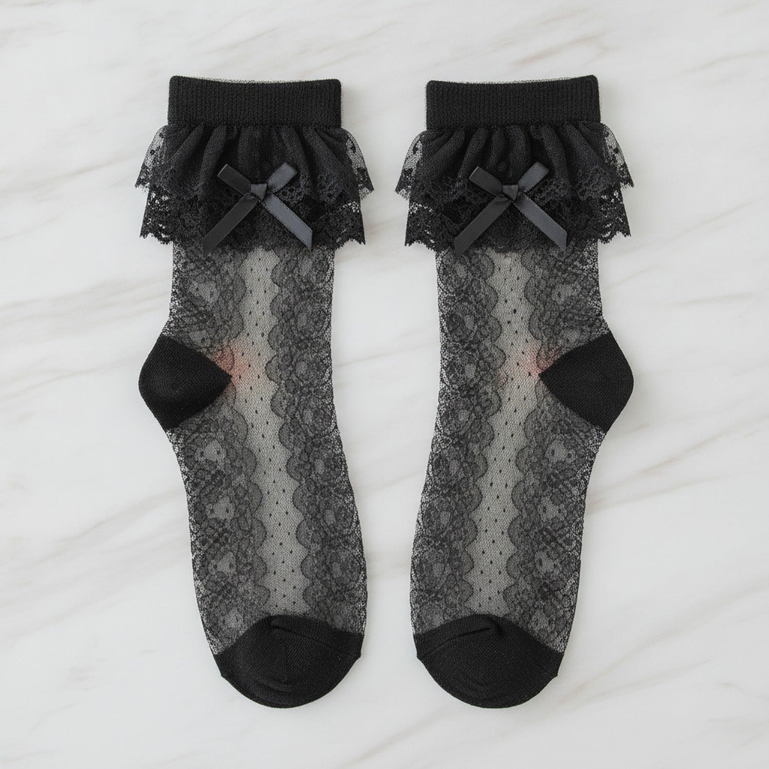Lace Ruffle Crew Socks With Bow - Black