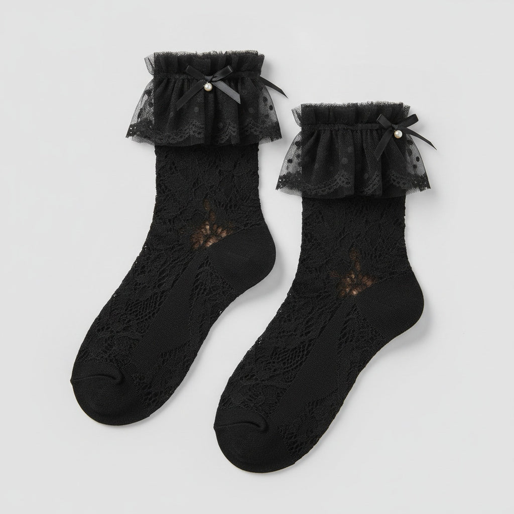 Lace Ruffle Crew Socks With Bow - Black