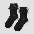 Lace Ruffle Crew Socks With Bow - Black