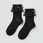 Lace Ruffle Crew Socks With Bow - Black