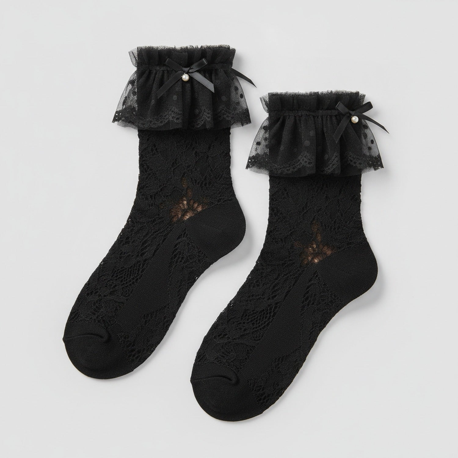 Lace Ruffle Crew Socks With Bow - Black