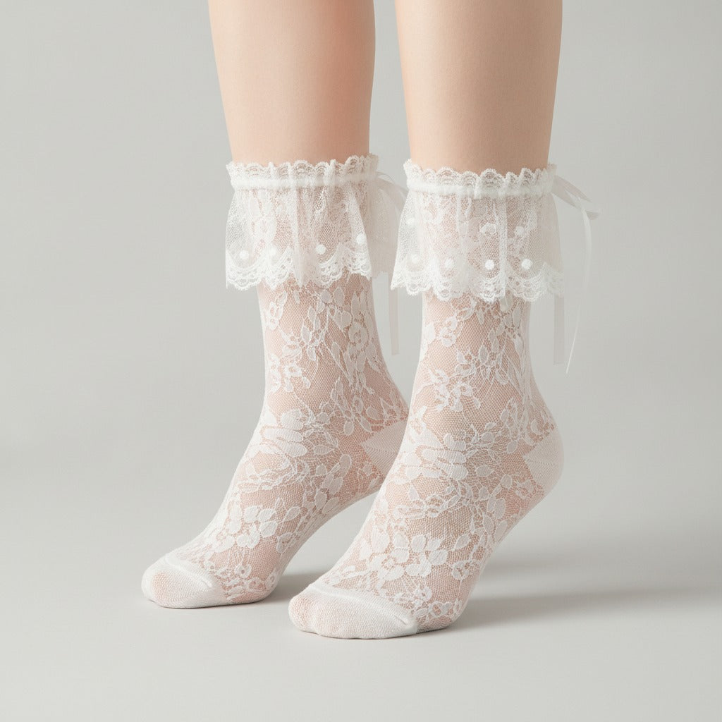 Yellow Lace Bow Crew Socks