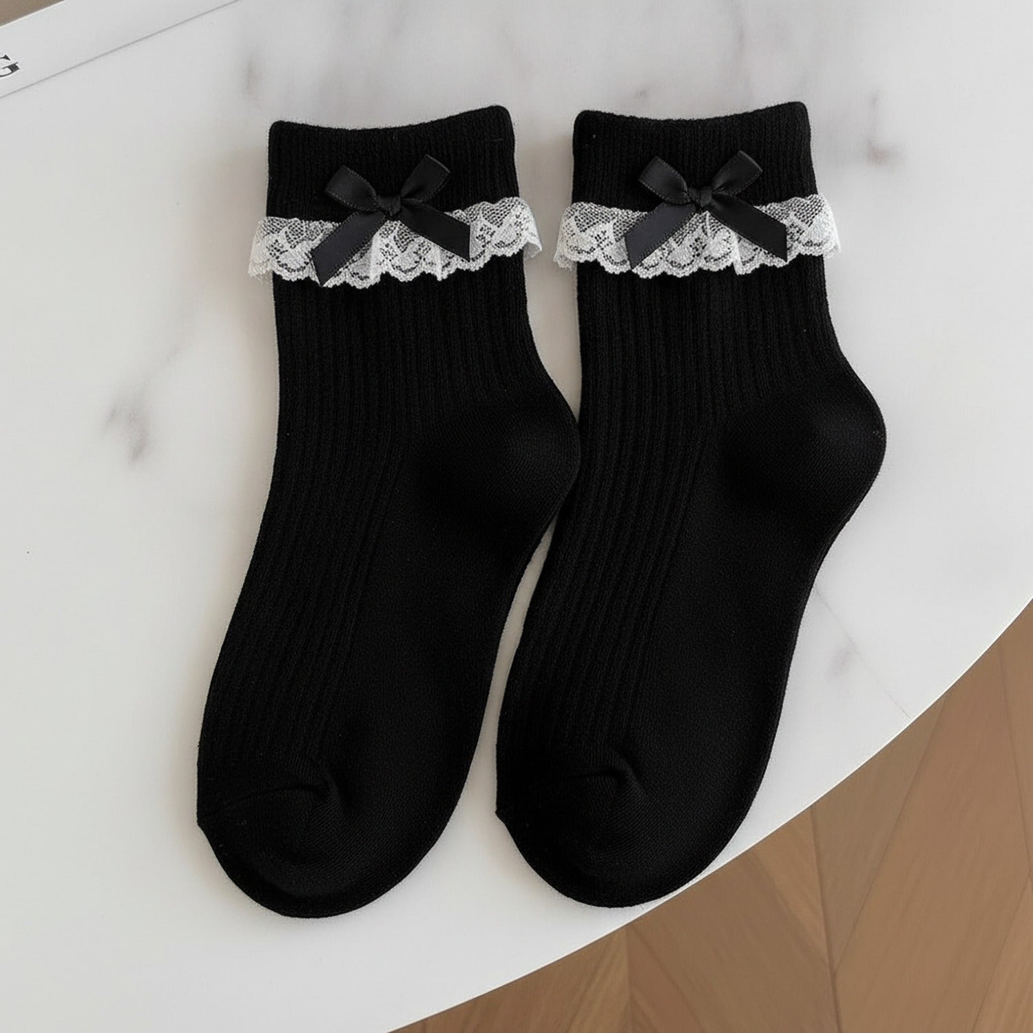 Lace Bow Ankle Socks Set - Black White Butterfly Bow