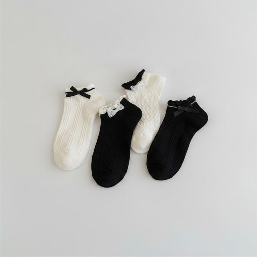 Lace Bow Ankle Socks Set - Black White Butterfly Bow