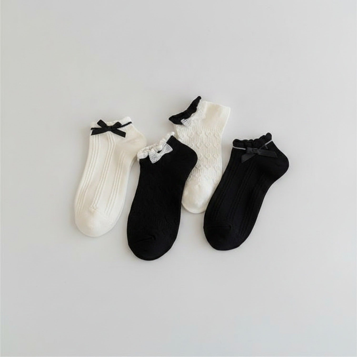 Lace Bow Ankle Socks Set - Black White Butterfly Bow