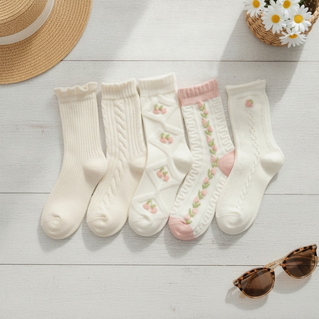 Cream Cherry Ruffle Crew Socks – apparel accessories (view 2)