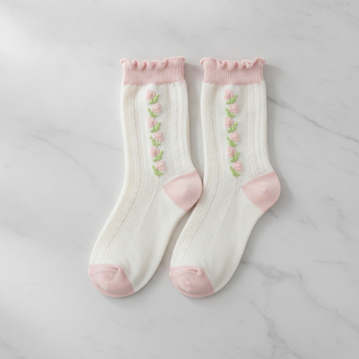 Cream Cherry Ruffle Crew Socks