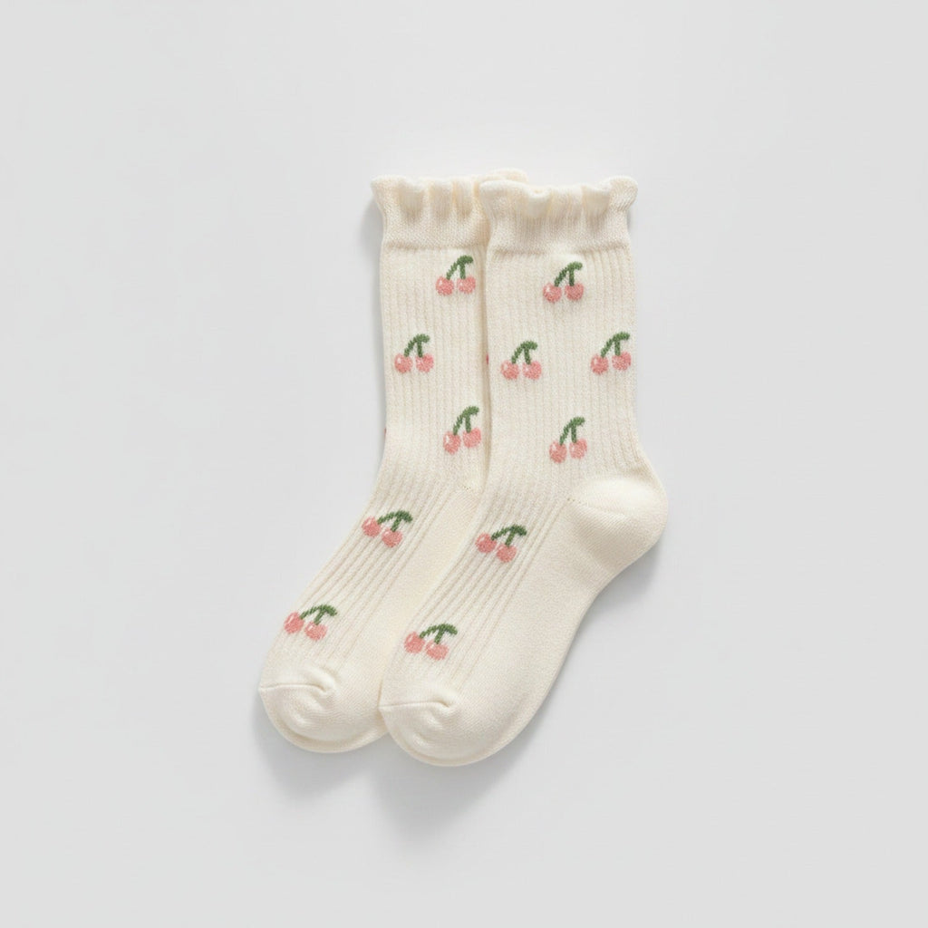 Cream Cherry Ruffle Crew Socks