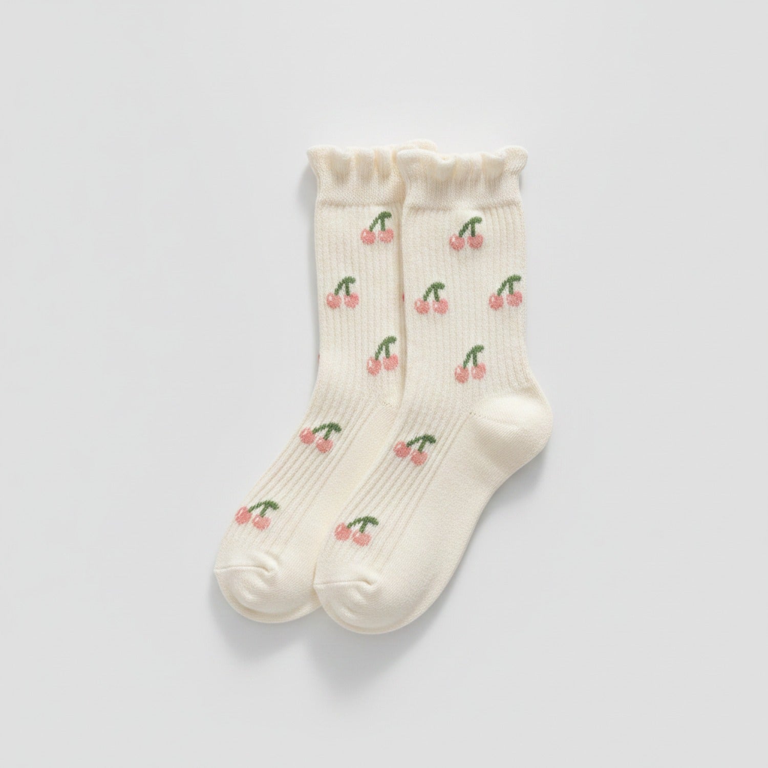 Cream Cherry Ruffle Crew Socks