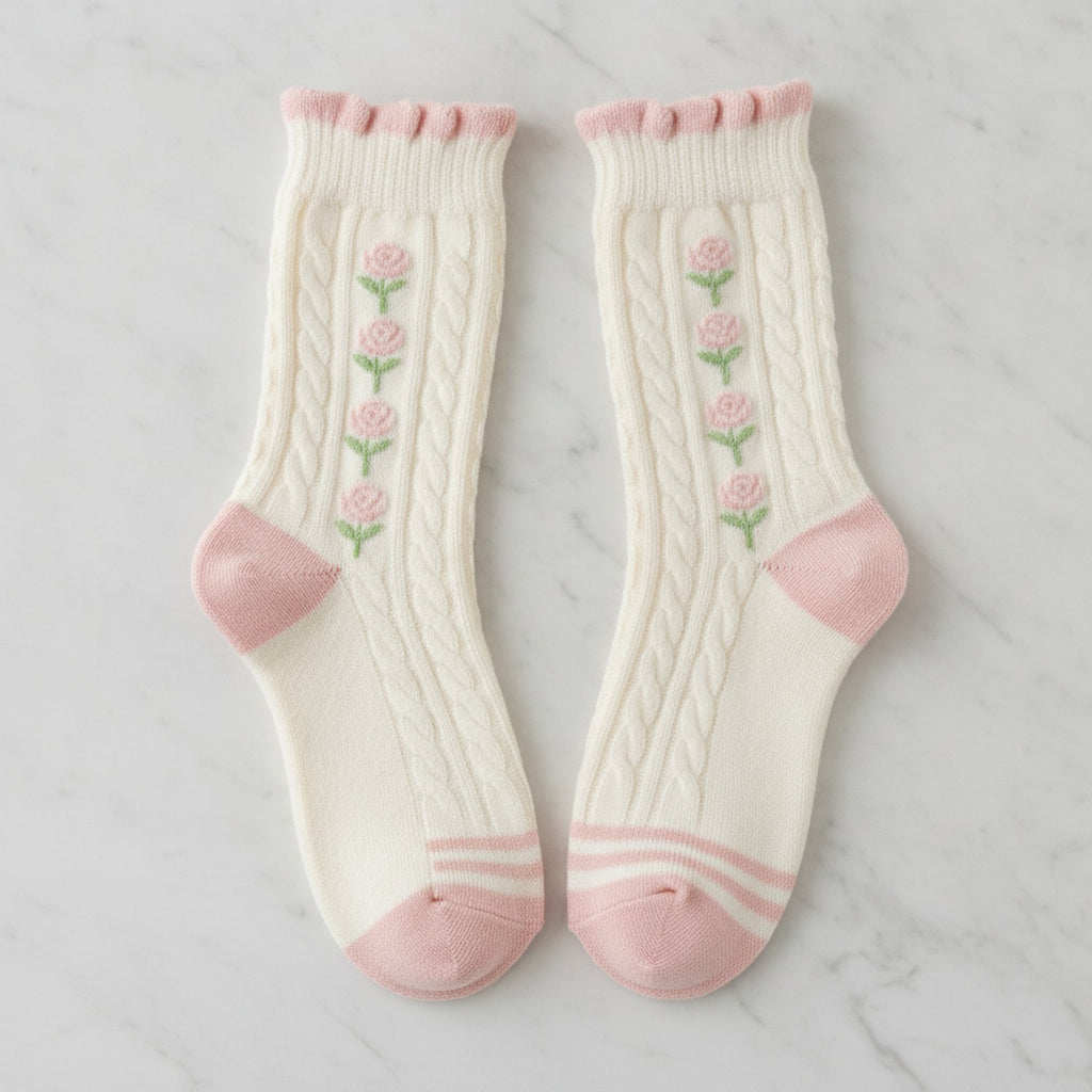 Knit Socks With Floral Embroidery - JK 5-Color #5