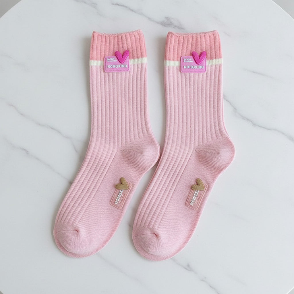 Ribbed Crew Socks With Heart - Pink