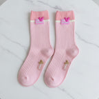 Ribbed Crew Socks With Heart - Pink