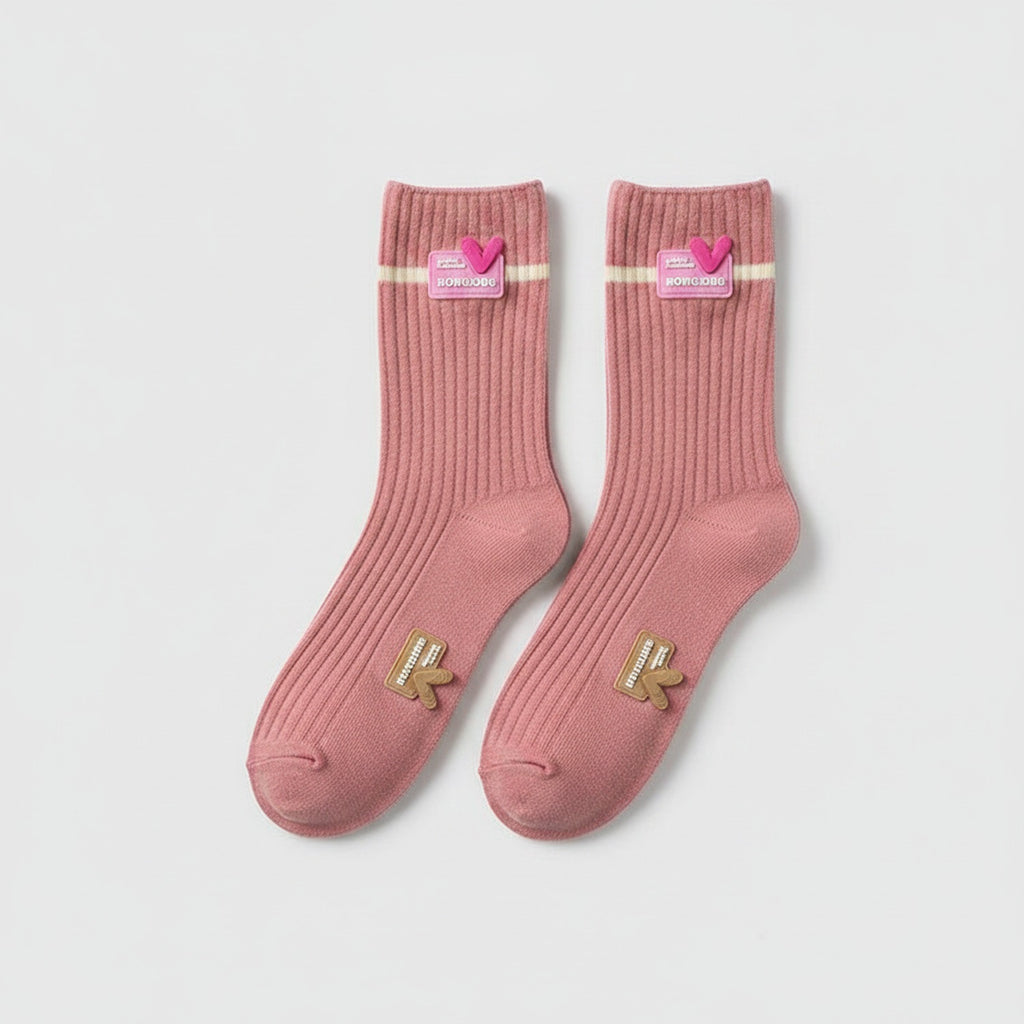 Ribbed Crew Socks With Heart - Pink