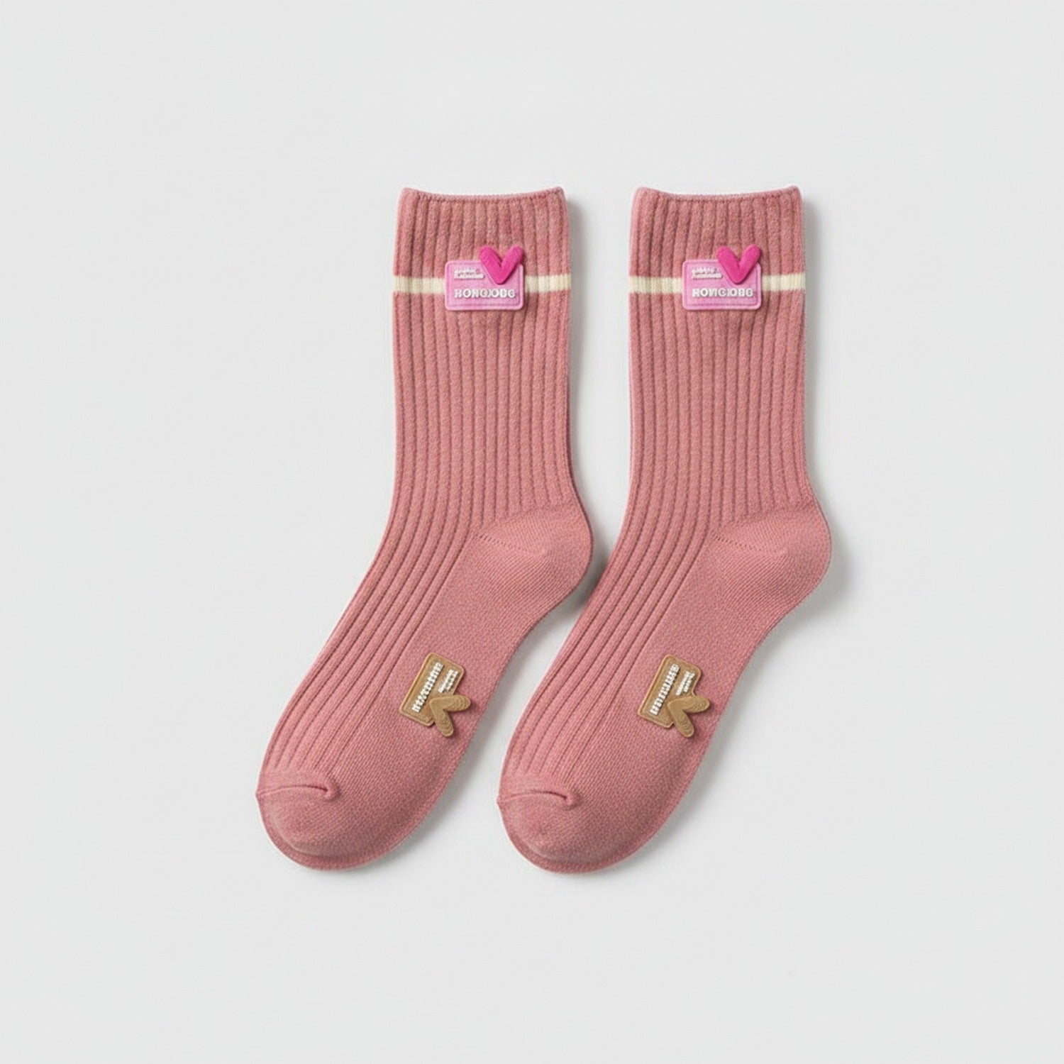 Ribbed Crew Socks With Heart - Pink