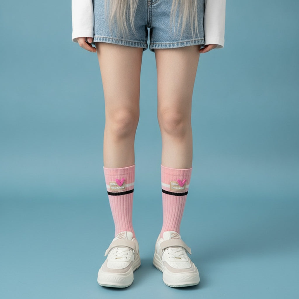 Ribbed Crew Socks With Heart - Pink