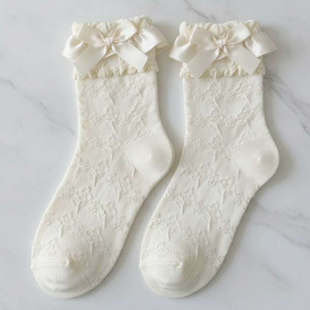 Black Lace Ruffle Crew Socks - Beige