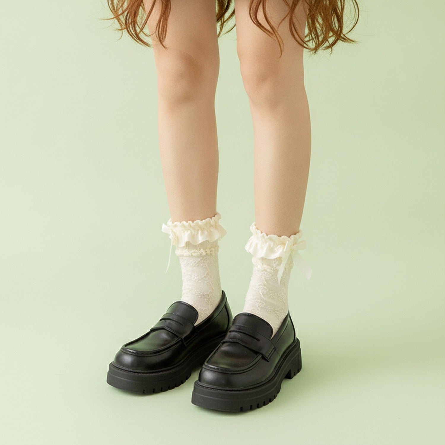 Black Lace Ruffle Crew Socks - Beige