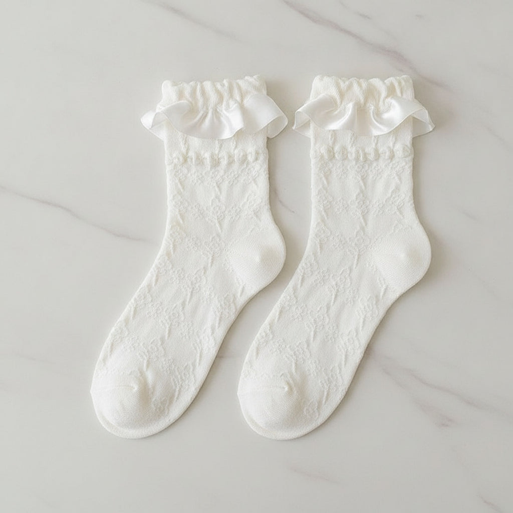 Black Lace Ruffle Crew Socks - White
