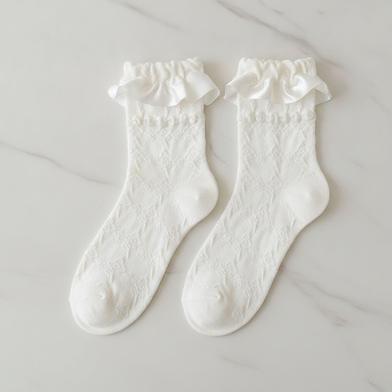Black Lace Ruffle Crew Socks - White