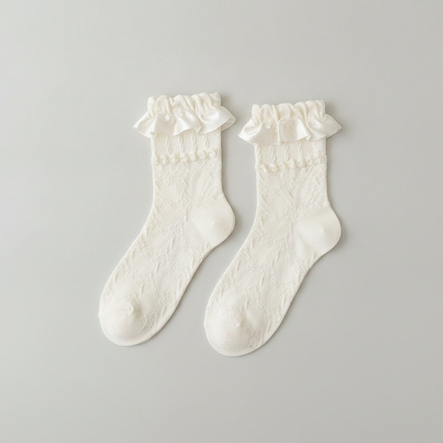 Black Lace Ruffle Crew Socks - White