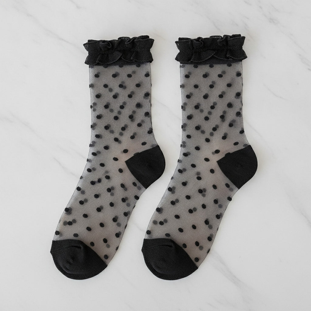 Black Polka Dot Ruffled Crew Socks