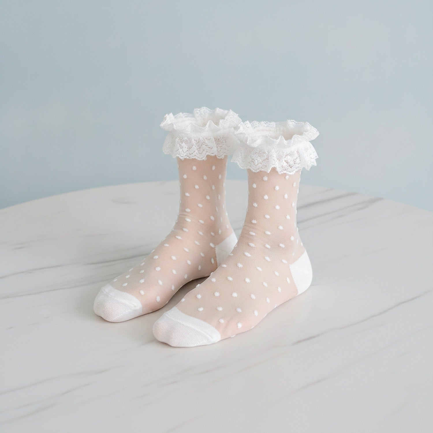 Mesh Ruffle Ankle Socks - White Polka Dot