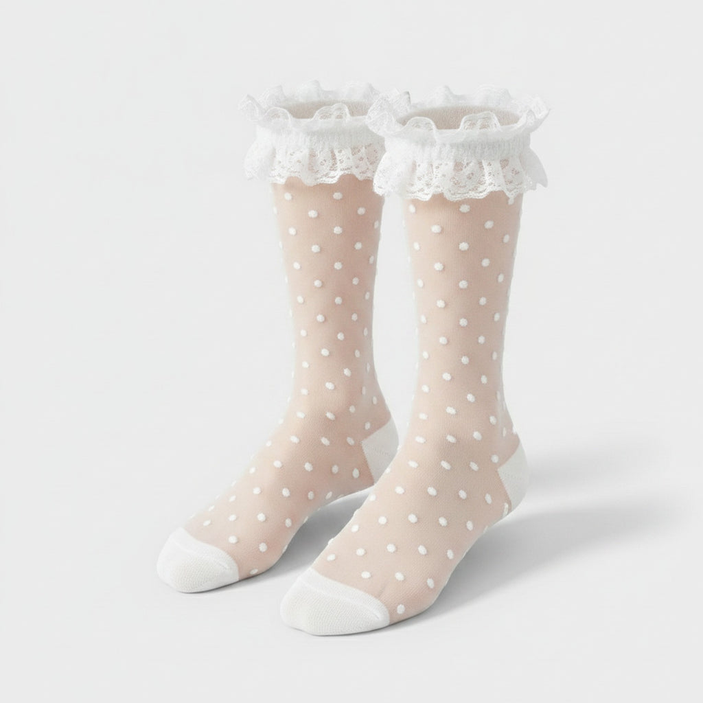 Mesh Ruffle Ankle Socks - White Polka Dot