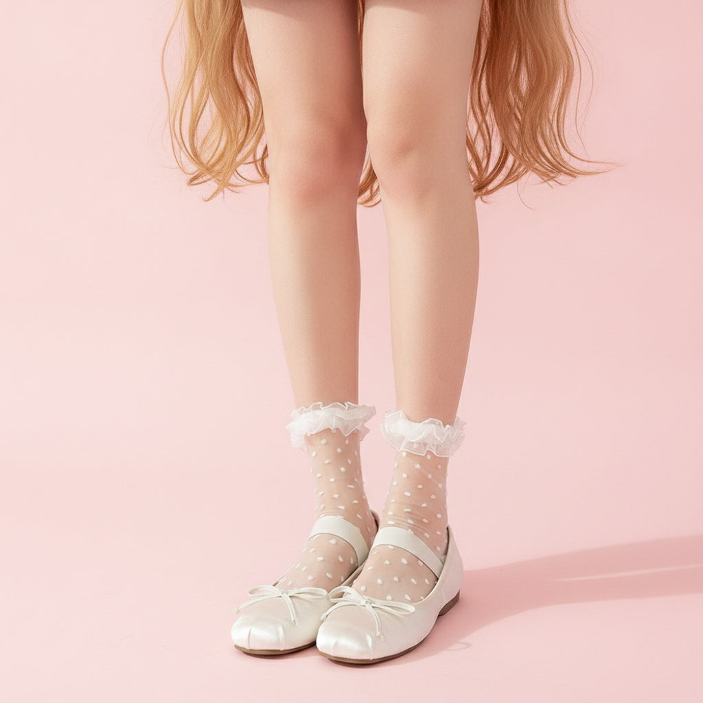 Mesh Ruffle Ankle Socks - White Polka Dot