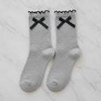 Ruffled Ankle Socks With Bows - Gray