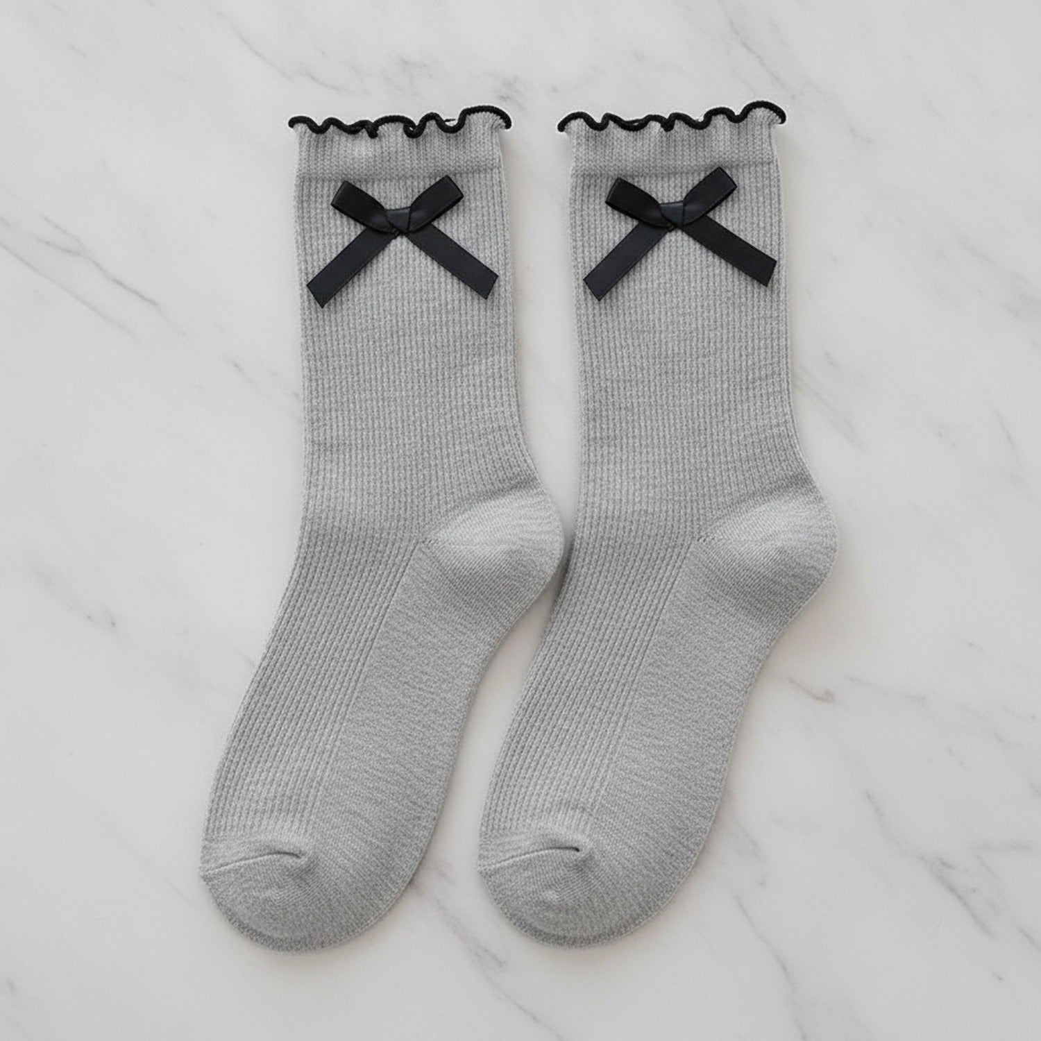 Ruffled Ankle Socks With Bows - Gray