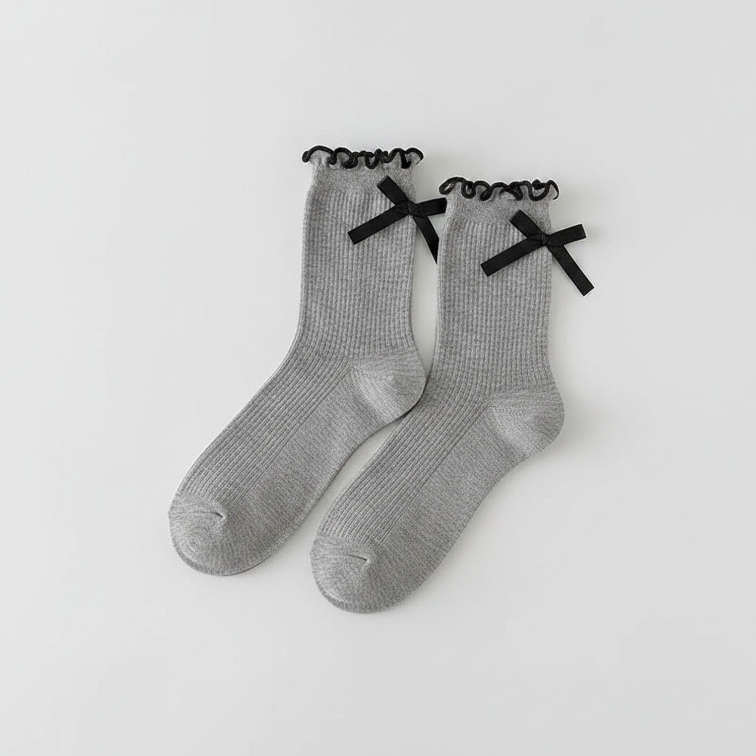 Ruffled Ankle Socks With Bows - Gray