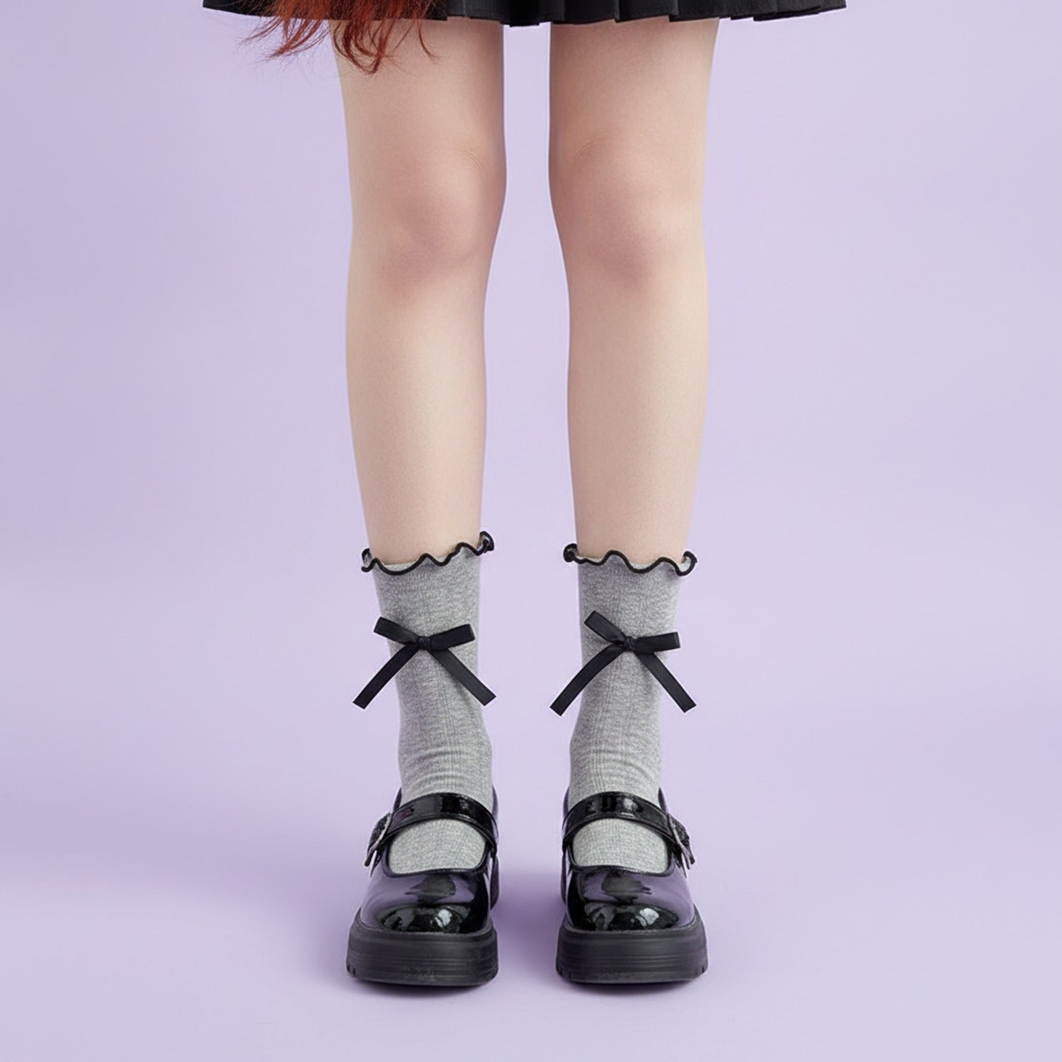 Ruffled Ankle Socks With Bows - Gray
