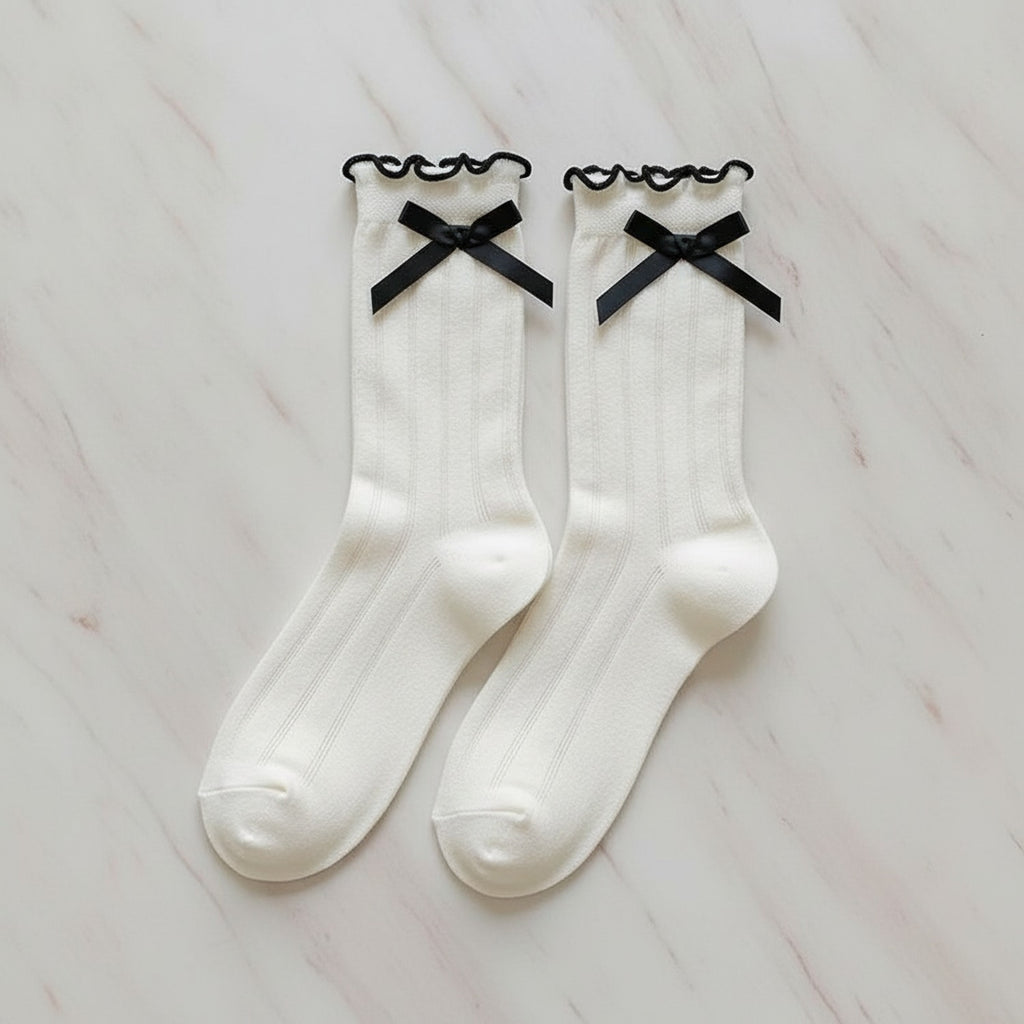 White Bow Ruffle Ribbed Crew Socks