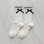 White Bow Ruffle Ribbed Crew Socks
