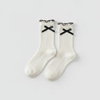 White Bow Ruffle Ribbed Crew Socks