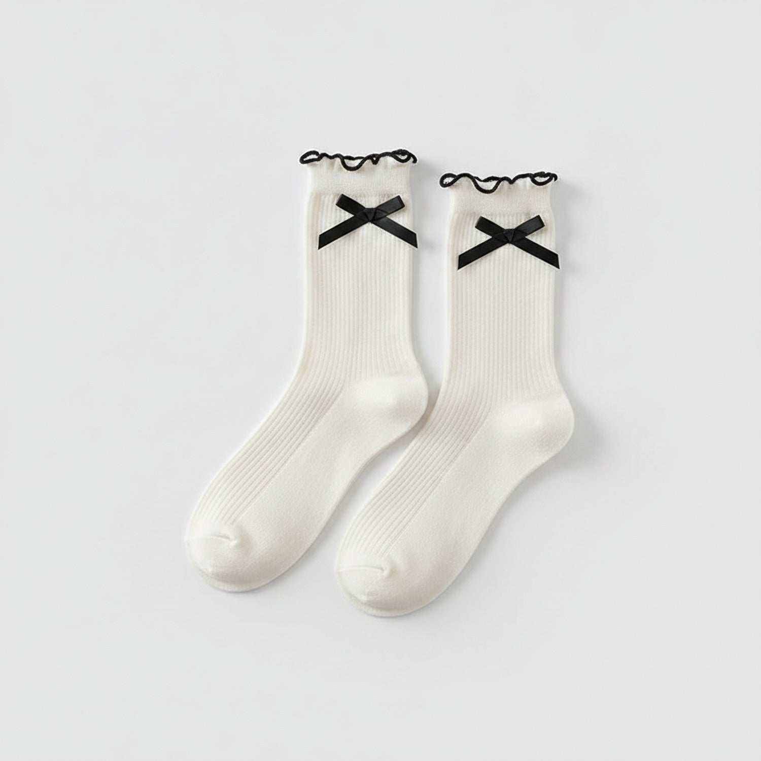White Bow Ruffle Ribbed Crew Socks