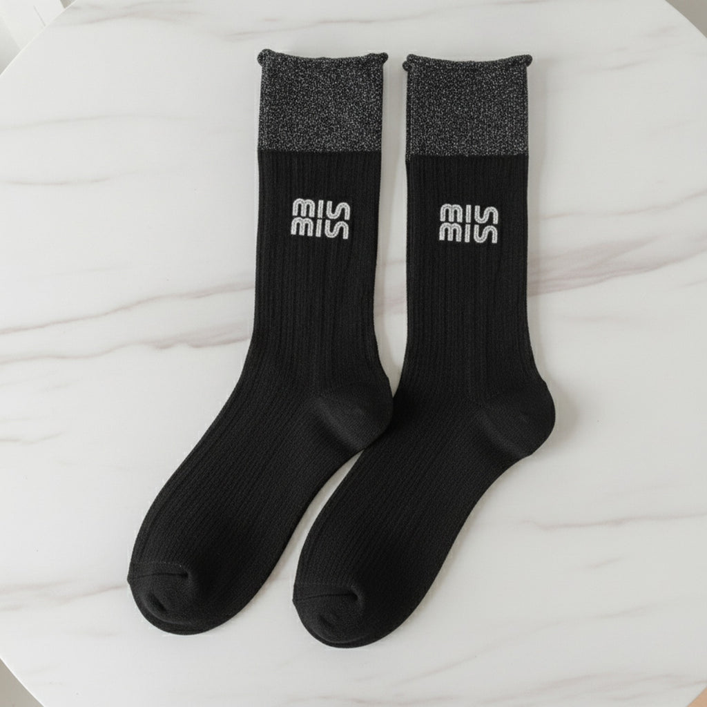 Light Ribbed Crew Socks with Rolled Cuff - Black